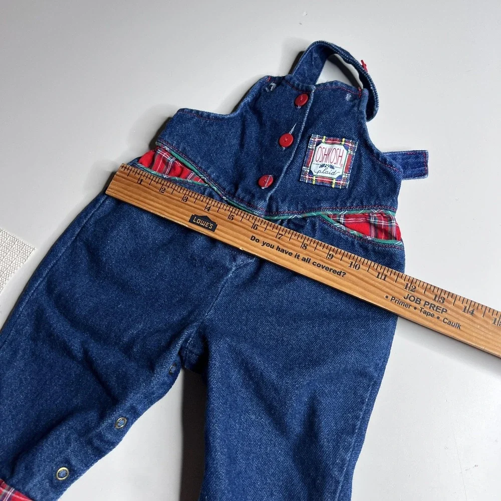 Vintage OshKosh B'gosh Overalls Girls 3-6 Months Blue Denim Plaid Vestbak Romper